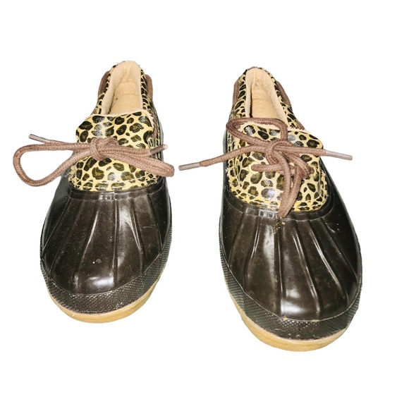 Sperry Waterproof Leopard Print Brown Slip On Duck Boots, 8 - Picture 3 of 10